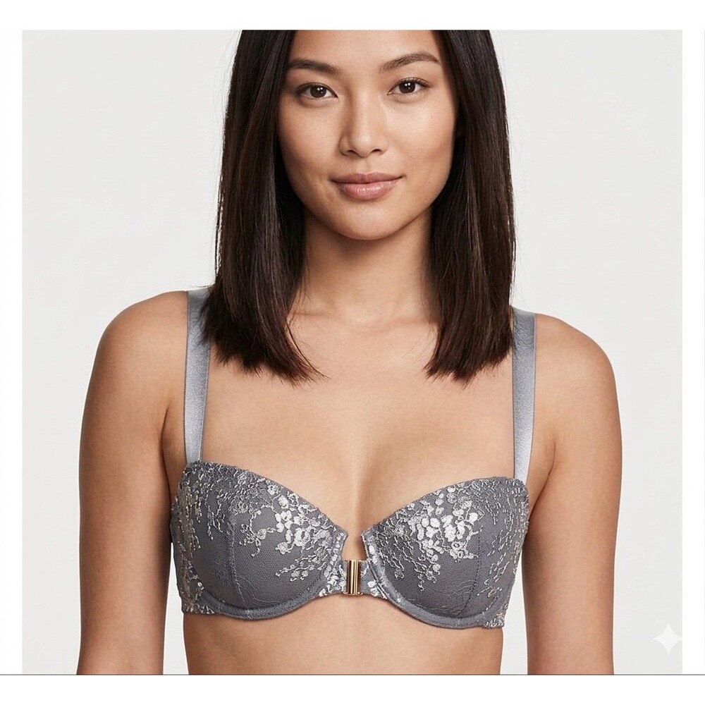 NWT Victorias Secret Unlined Demi Bra 34B Gray Silver Metallic Lace Sexy